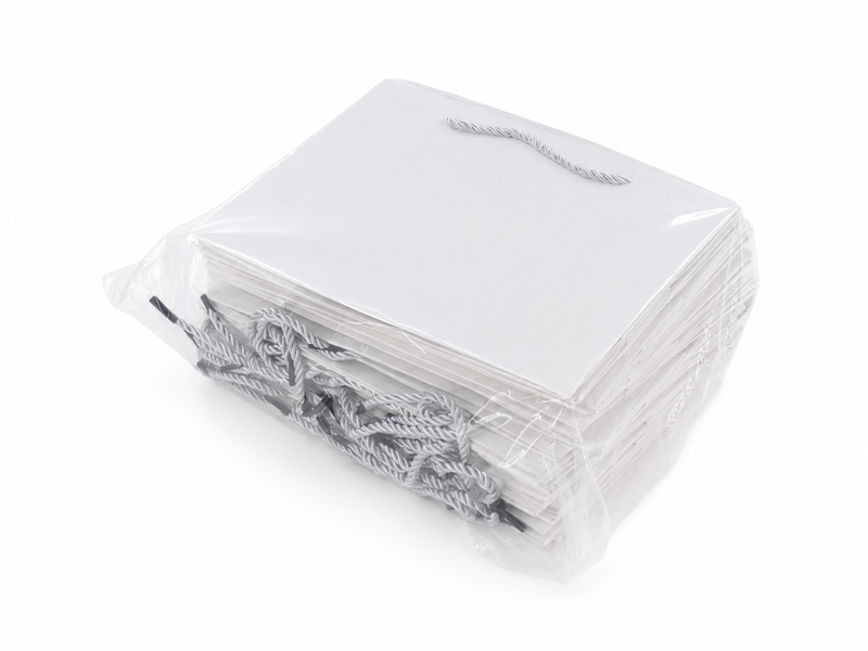 Bulk 24-pack of white paper gift bags for jewelry retail packaging, 7.75 × 3.5 × 6.25 in