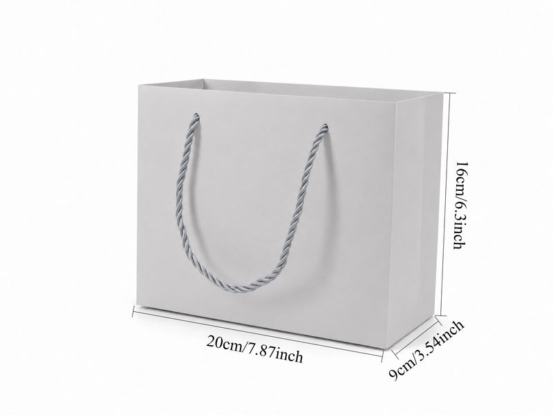 Dimensions for white medium landscape paper tote gift bag: 7.75 × 3.5 × 6.25 in