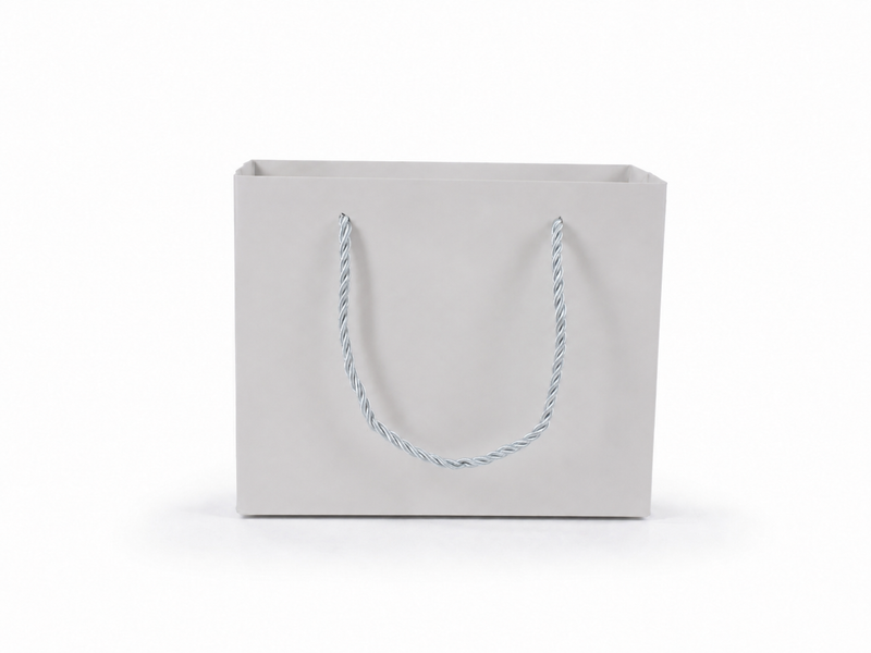 Front view of white jewelry store gift tote bag with rope handles, 7.75 × 3.5 × 6.25 in