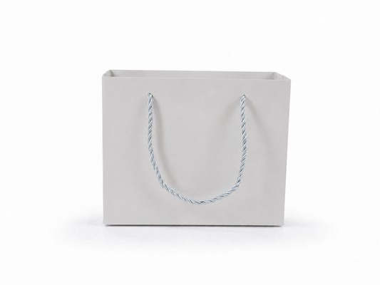 Front view of white jewelry store gift tote bag with rope handles, 7.75 × 3.5 × 6.25 in