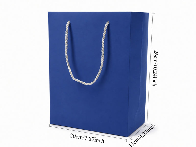 Dimensions for blue large portrait paper tote gift bag: 7.75 × 4.25 × 10.25 in
