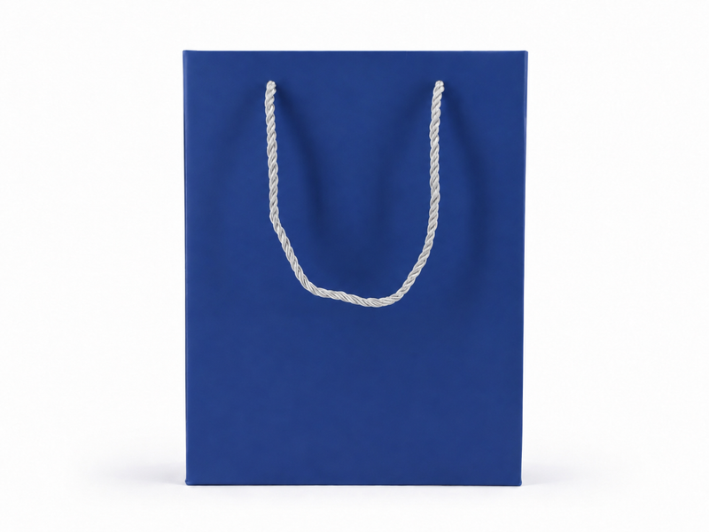 Front view of blue jewelry store gift tote bag with rope handles, 7.75 × 4.25 × 10.25 in