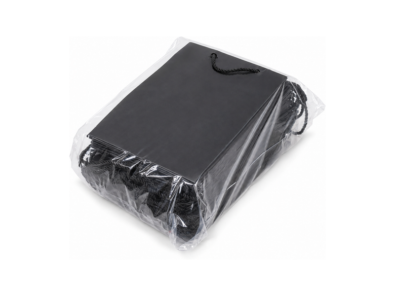 Bulk 24-pack of black paper gift bags for jewelry retail packaging, 7.75 × 4.25 × 10.25 in