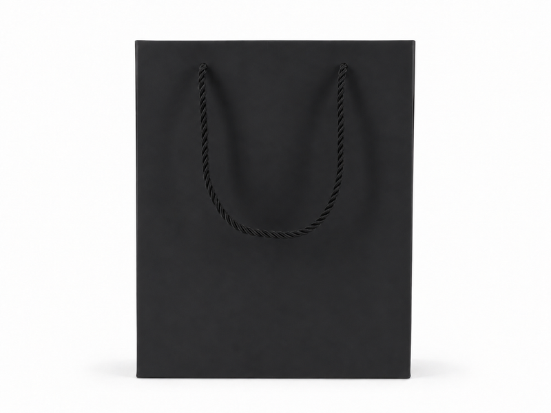 Dimensions for black large portrait paper tote gift bag: 7.75 × 4.25 × 10.25 in
