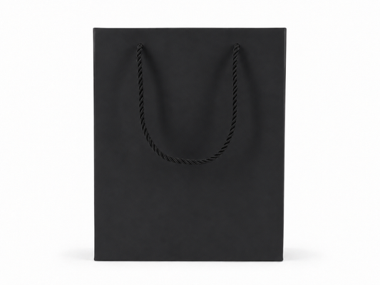 Dimensions for black large portrait paper tote gift bag: 7.75 × 4.25 × 10.25 in
