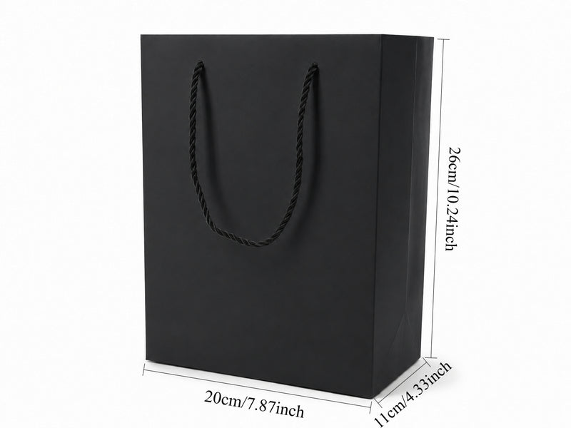 Front view of black jewelry store gift tote bag with rope handles, 7.75 × 4.25 × 10.25 in