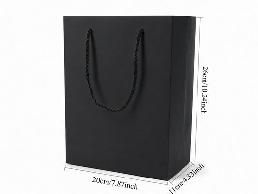 Front view of black jewelry store gift tote bag with rope handles, 7.75 × 4.25 × 10.25 in