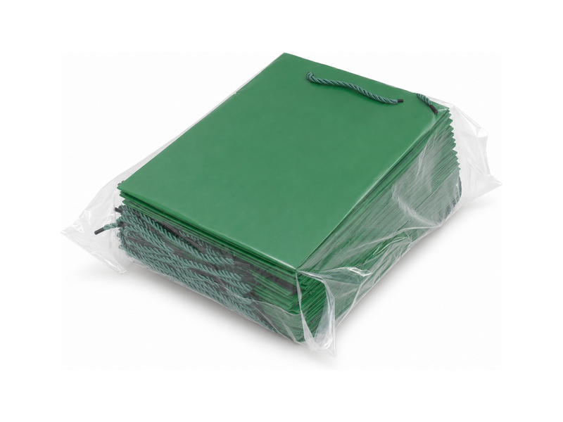 Bulk 24-pack of green paper gift bags for jewelry retail packaging, 7.75 × 4.25 × 10.25 in