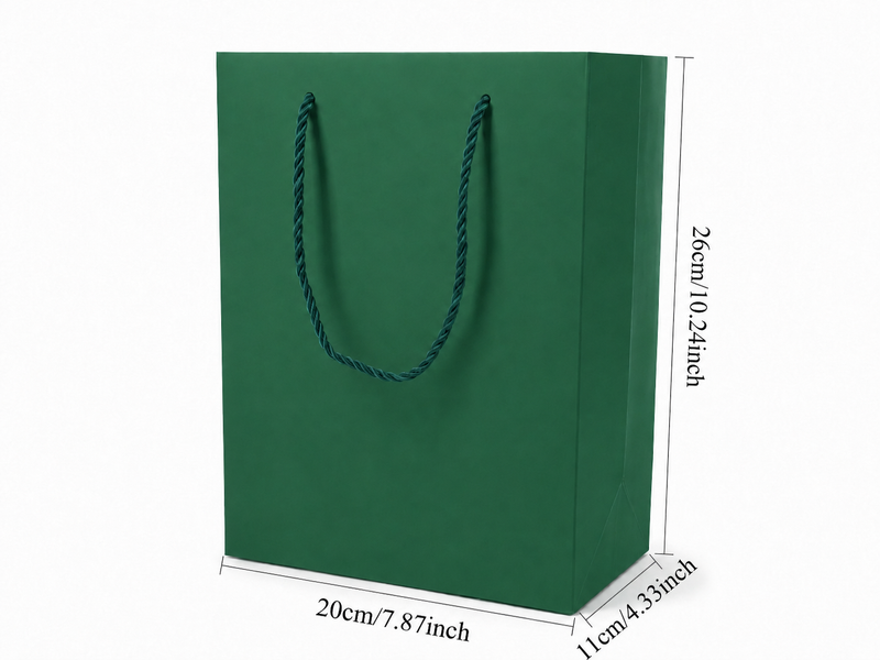 Front view of green jewelry store gift tote bag with rope handles, 7.75 × 4.25 × 10.25 in