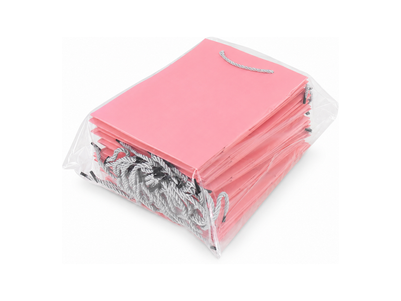 Bulk 24-pack of pink paper gift bags for jewelry retail packaging, 7.75 × 4.25 × 10.25 in