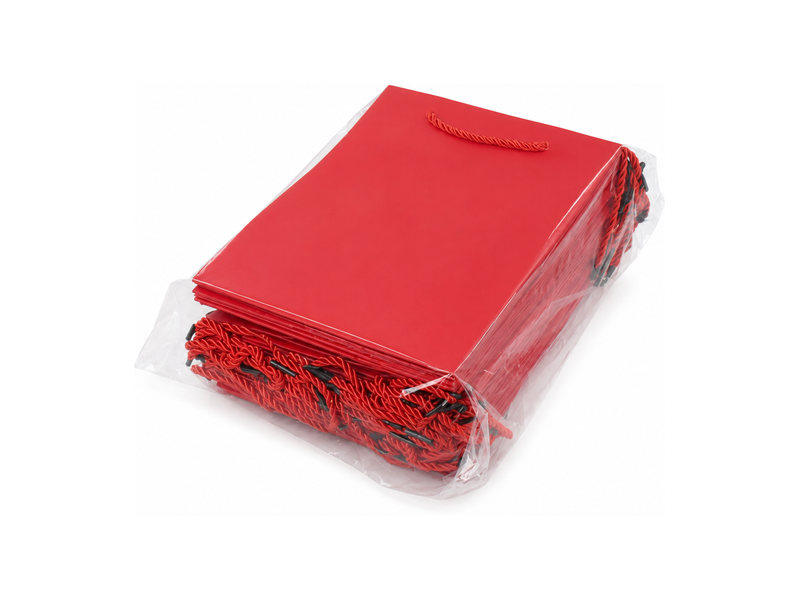 Bulk 24-pack of red paper gift bags for jewelry retail packaging, 7.75 × 4.25 × 10.25 in