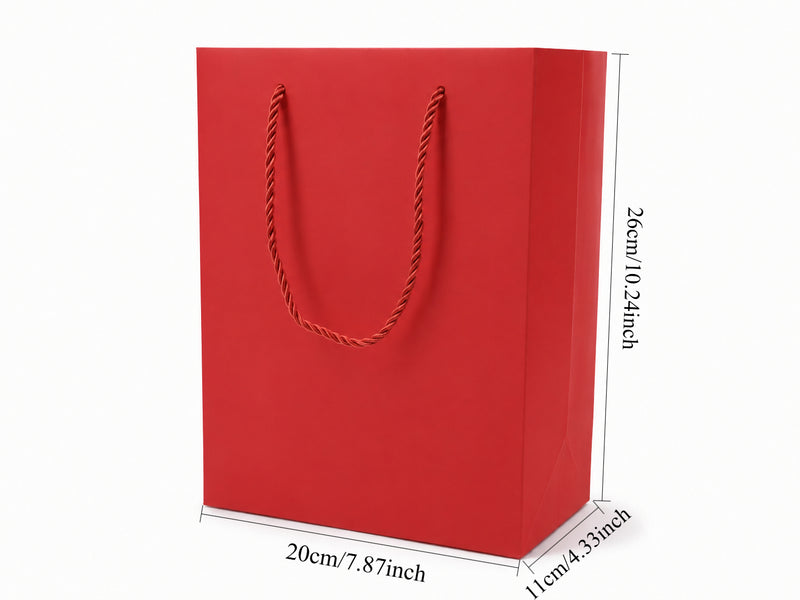 Dimensions for red large portrait paper tote gift bag: 7.75 × 4.25 × 10.25 in