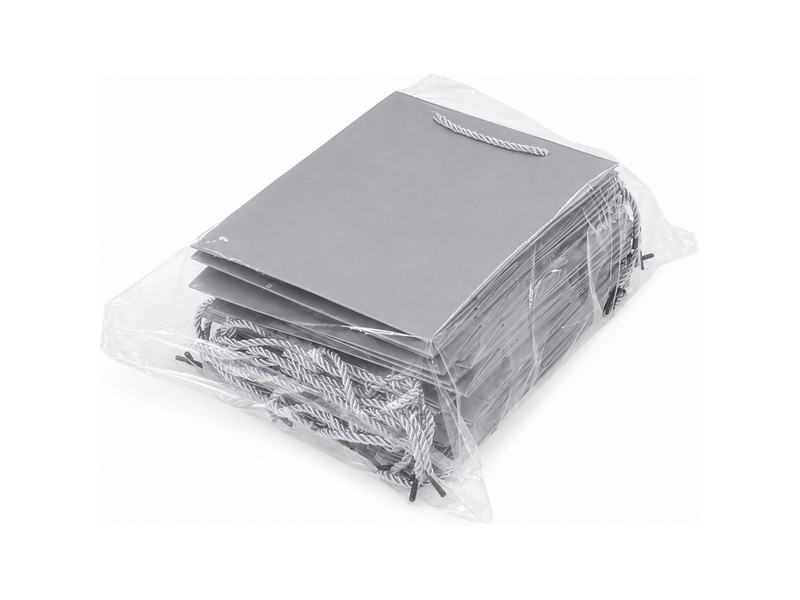 Bulk 24-pack of silver paper gift bags for jewelry retail packaging, 7.75 × 4.25 × 10.25 in