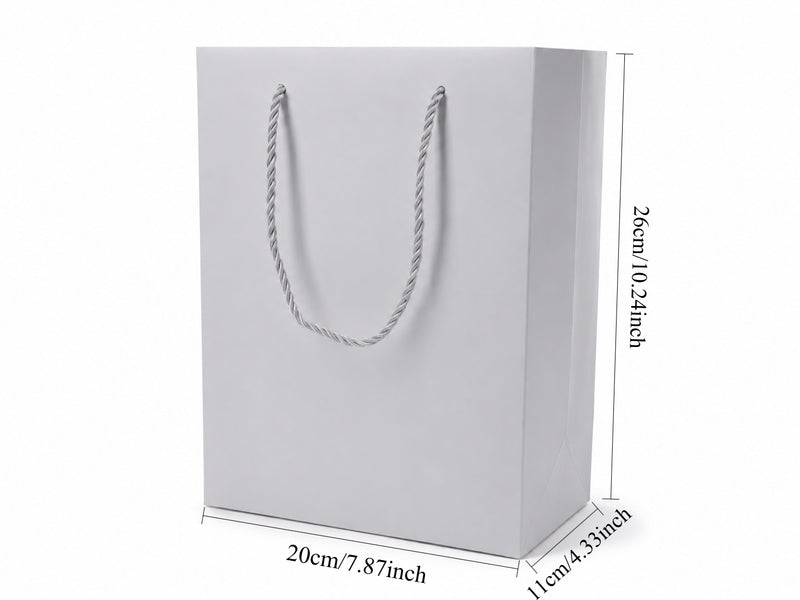 Dimensions for silver large portrait paper tote gift bag: 7.75 × 4.25 × 10.25 in