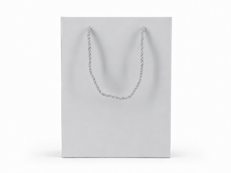 Front view of silver jewelry store gift tote bag with rope handles, 7.75 × 4.25 × 10.25 in