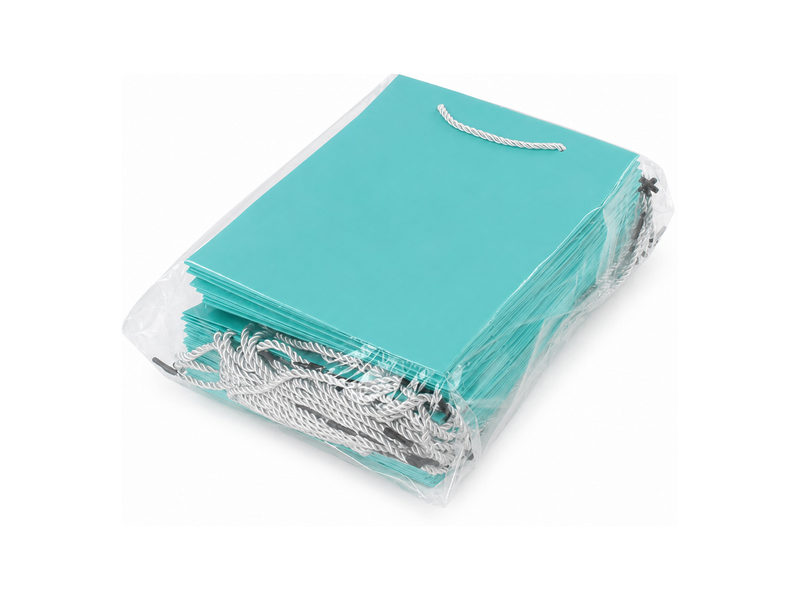 Bulk 24-pack of tiffany blue paper gift bags for jewelry retail packaging, 7.75 × 4.25 × 10.25 in
