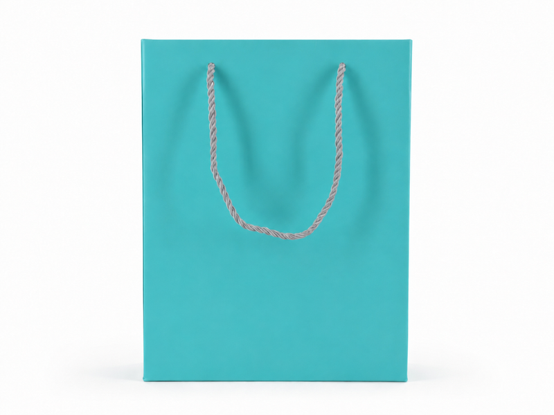 Front view of tiffany blue jewelry store gift tote bag with rope handles, 7.75 × 4.25 × 10.25 in