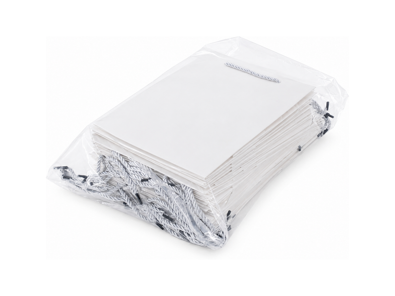 Bulk 24-pack of white paper gift bags for jewelry retail packaging, 7.75 × 4.25 × 10.25 in