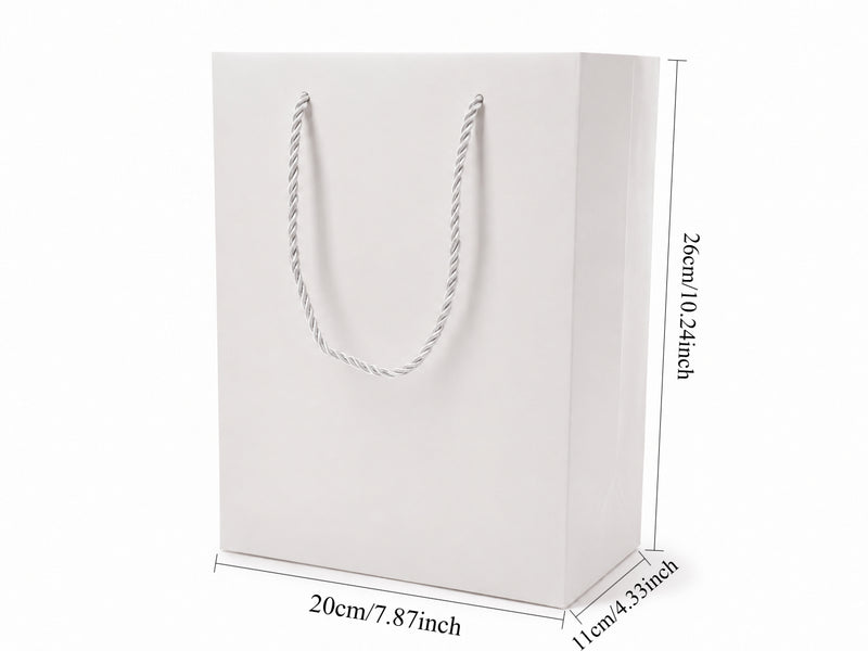 Dimensions for white large portrait paper tote gift bag: 7.75 × 4.25 × 10.25 in