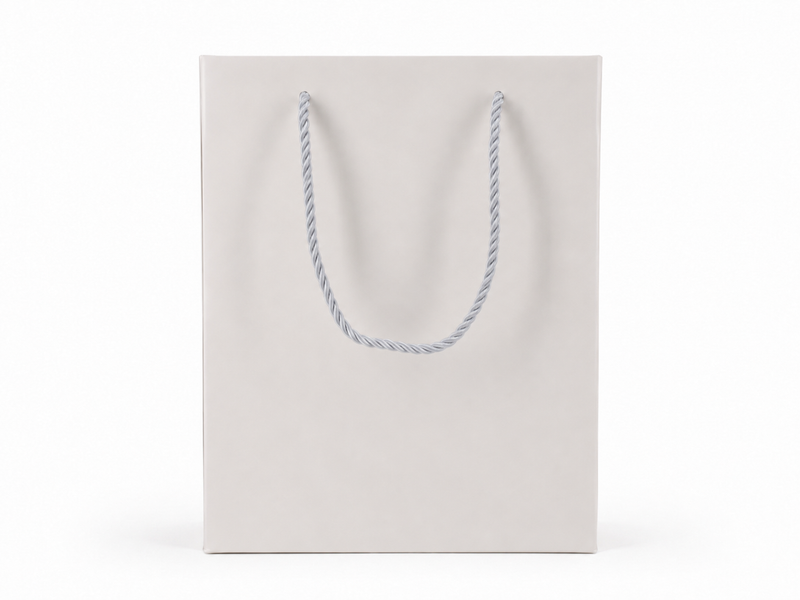 Front view of white jewelry store gift tote bag with rope handles, 7.75 × 4.25 × 10.25 in