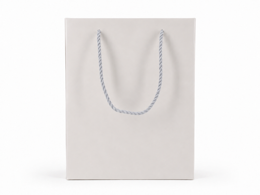 Front view of white jewelry store gift tote bag with rope handles, 7.75 × 4.25 × 10.25 in