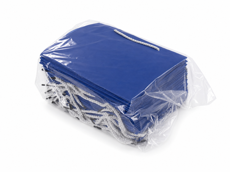 Bulk 24-pack of blue paper gift bags for jewelry retail packaging, 10.25 × 4.25 × 7.75 in