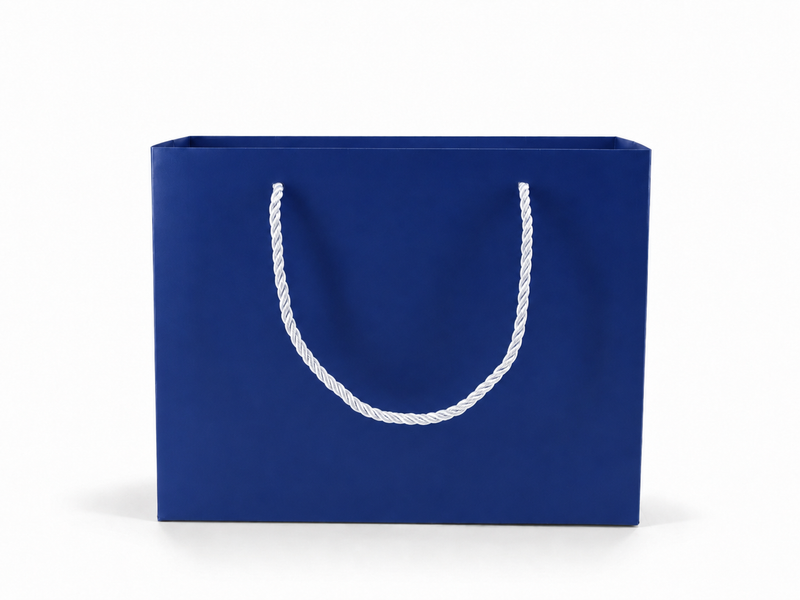 Dimensions for blue large landscape paper tote gift bag: 10.25 × 4.25 × 7.75 in