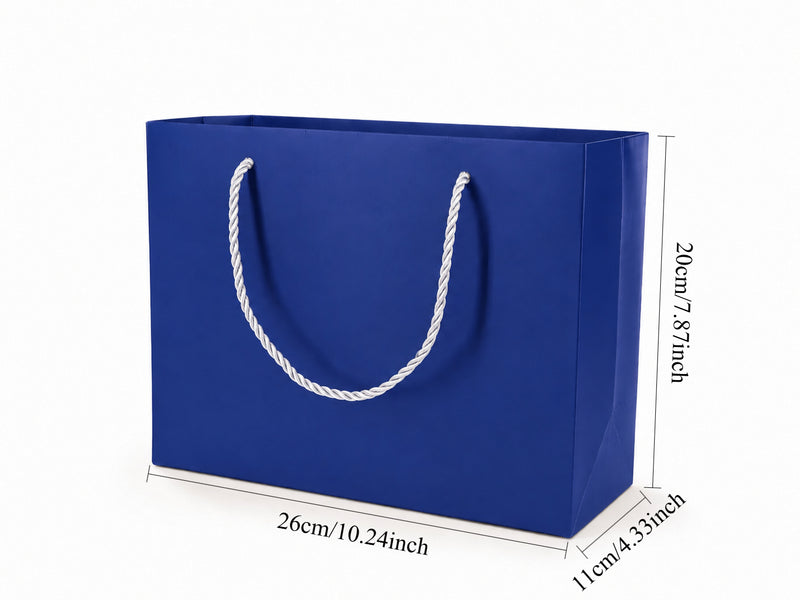 Front view of blue jewelry store gift tote bag with rope handles, 10.25 × 4.25 × 7.75 in