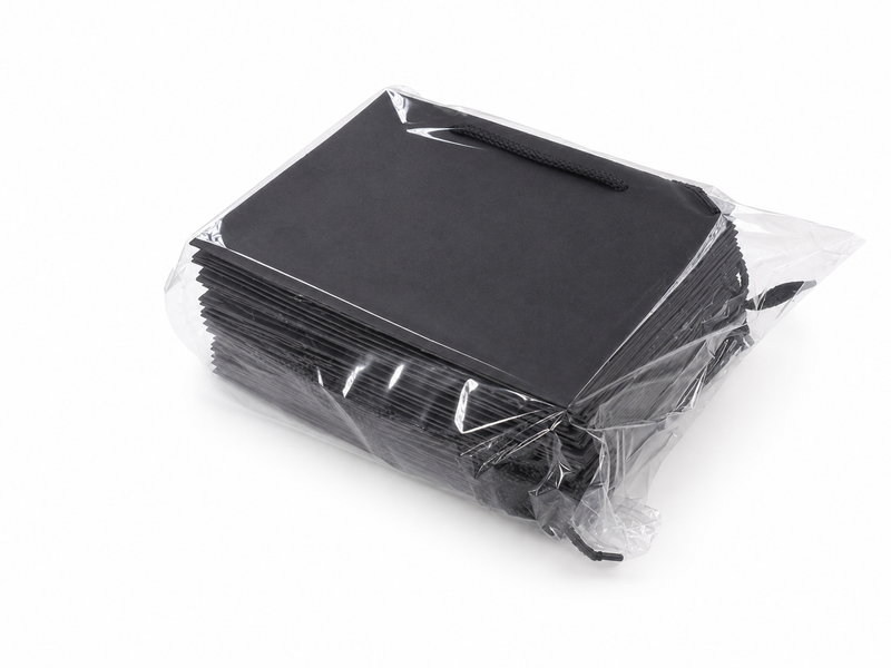 Bulk 24-pack of black paper gift bags for jewelry retail packaging, 10.25 × 4.25 × 7.75 in