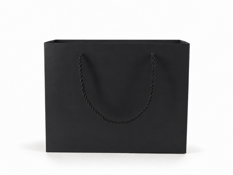 Dimensions for black large landscape paper tote gift bag: 10.25 × 4.25 × 7.75 in
