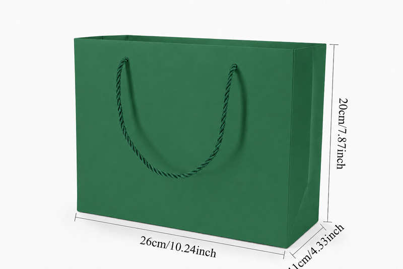 Dimensions for green large landscape paper tote gift bag: 10.25 × 4.25 × 7.75 in