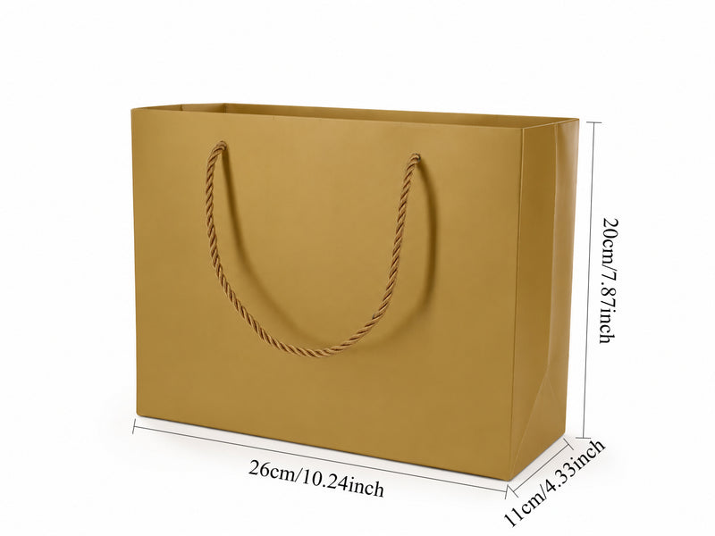 Dimensions for gold large landscape paper tote gift bag: 10.25 × 4.25 × 7.75 in