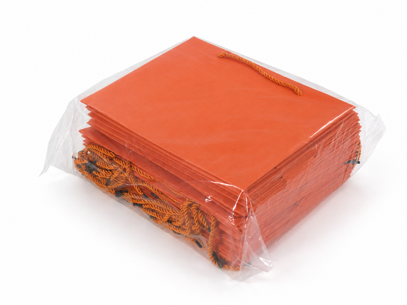 Bulk 24-pack of orange paper gift bags for jewelry retail packaging, 10.25 × 4.25 × 7.75 in