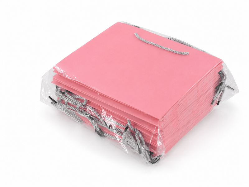 Bulk 24-pack of pink paper gift bags for jewelry retail packaging, 10.25 × 4.25 × 7.75 in