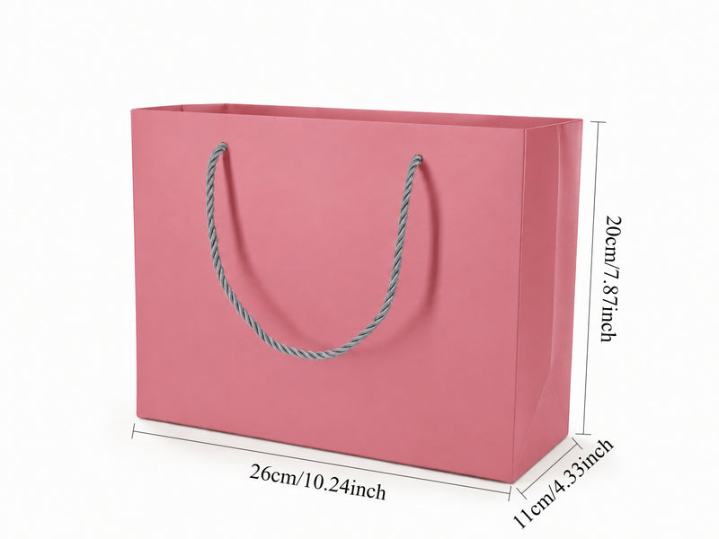 Dimensions for pink large landscape paper tote gift bag: 10.25 × 4.25 × 7.75 in