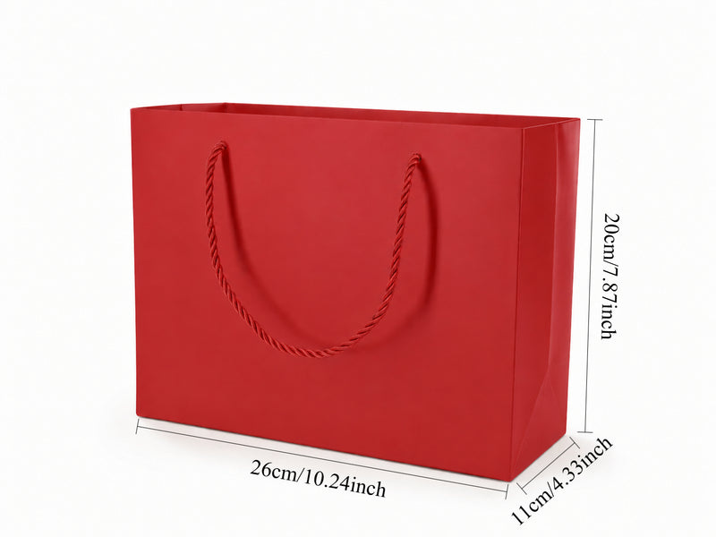 Dimensions for red large landscape paper tote gift bag: 10.25 × 4.25 × 7.75 in