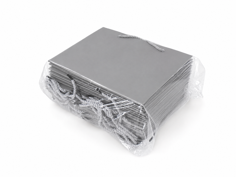 Bulk 24-pack of silver paper gift bags for jewelry retail packaging, 10.25 × 4.25 × 7.75 in