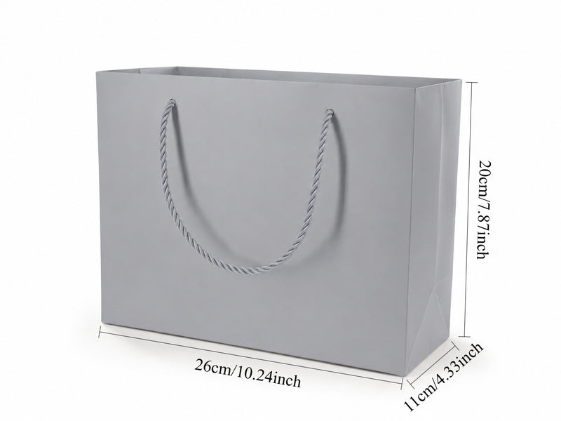 Front view of silver jewelry store gift tote bag with rope handles, 10.25 × 4.25 × 7.75 in