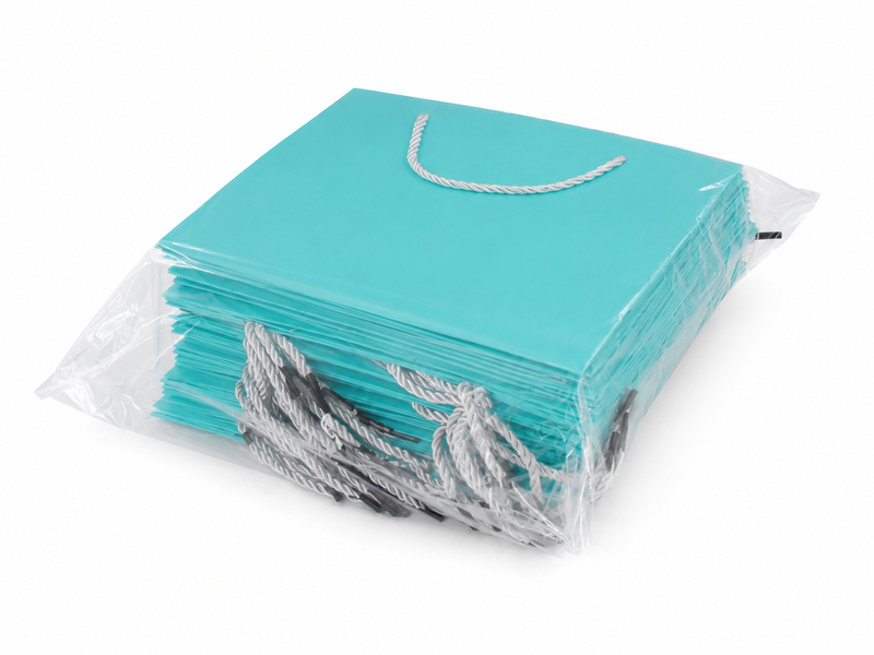 Bulk 24-pack of tiffany blue paper gift bags for jewelry retail packaging, 10.25 × 4.25 × 7.75 in