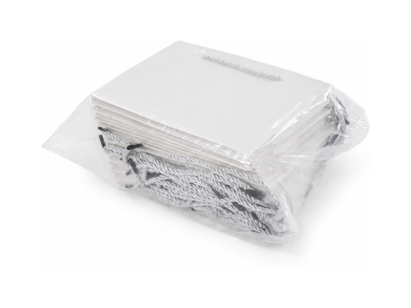 Bulk 24-pack of white paper gift bags for jewelry retail packaging, 10.25 × 4.25 × 7.75 in