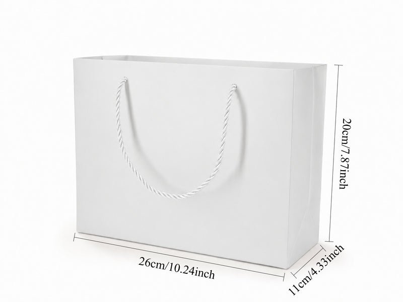 Dimensions for white large landscape paper tote gift bag: 10.25 × 4.25 × 7.75 in