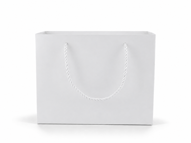 Front view of white jewelry store gift tote bag with rope handles, 10.25 × 4.25 × 7.75 in