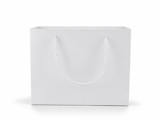 Front view of white jewelry store gift tote bag with rope handles, 10.25 × 4.25 × 7.75 in