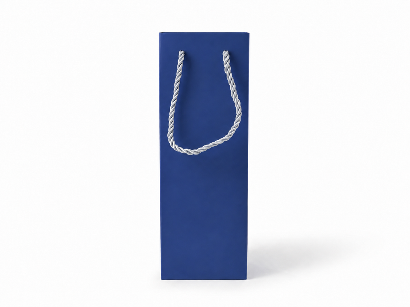 Dimensions for blue tall narrow paper tote gift bag: 3.25 × 2.75 × 10.75 in