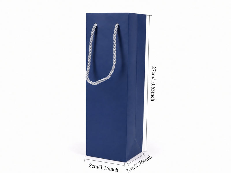Front view of blue jewelry store gift tote bag with rope handles, 3.25 × 2.75 × 10.75 in