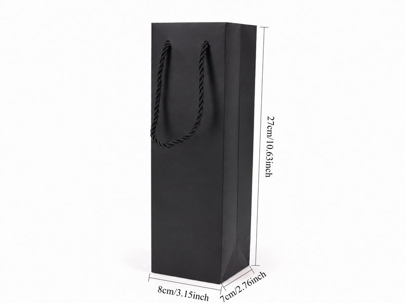 Dimensions for black tall narrow paper tote gift bag: 3.25 × 2.75 × 10.75 in