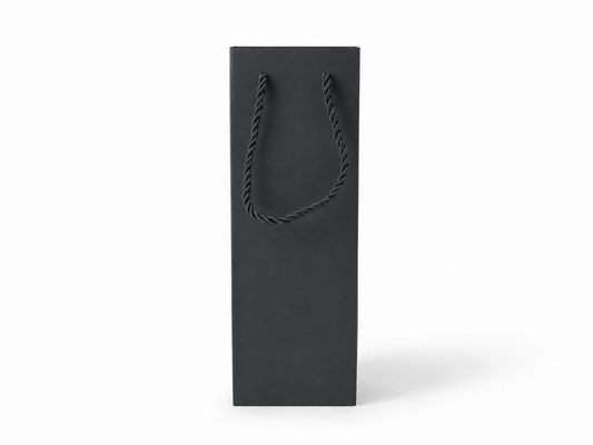 Front view of black jewelry store gift tote bag with rope handles, 3.25 × 2.75 × 10.75 in