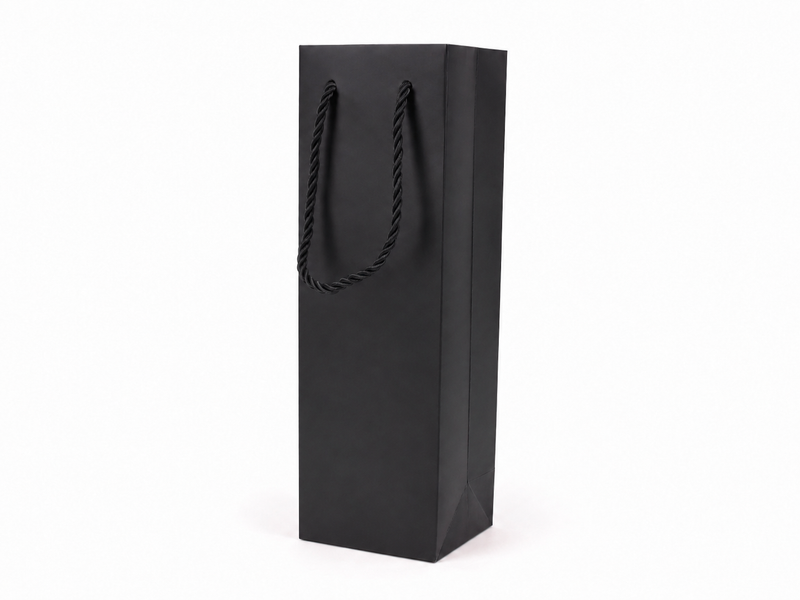 Black tall narrow paper gift tote bag with rope handles, 24 pack