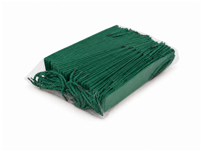 Bulk 24-pack of green paper gift bags for jewelry retail packaging, 3.25 × 2.75 × 10.75 in