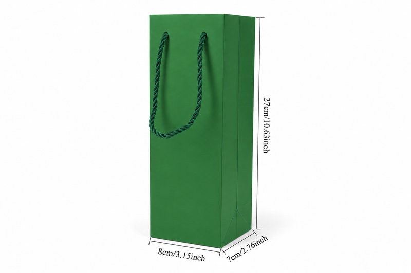 Dimensions for green tall narrow paper tote gift bag: 3.25 × 2.75 × 10.75 in